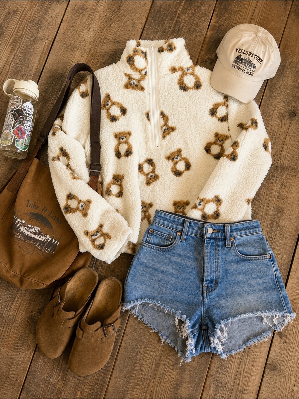 No Boundaries Cream Teddy Sherpa Half-Zip Jacket with Brown Bear Print